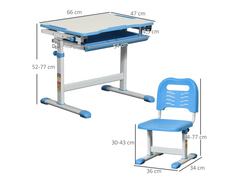  Ensemble bureau chaise 2en1 enfant dès 6 ans, table hauteurinclinaison réglable, plateau coulissant, 66x47x77 cm, bleu.  - Conforama D