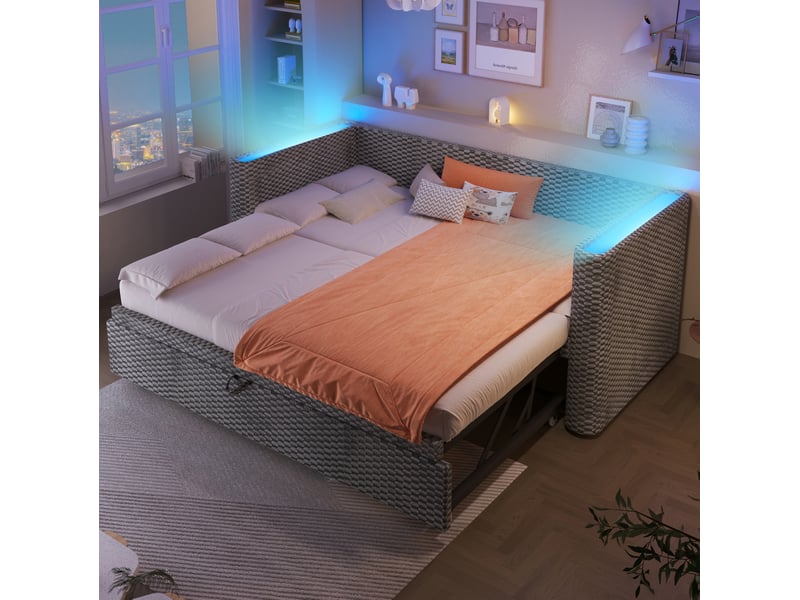  Lit enfant gigogne 90x200+90x190 cm gain de place led multicolore pilotée, manuelle, velours gris, sans matelas  - Conforama R