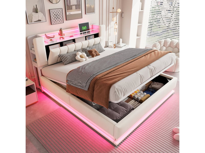  Lit coffre rembourré 180x200 cm coloris beige led tissu lit enfant beige - Conforama B