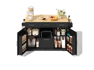 Îlot de cuisine sur roulettes 136 cm avec plan de travail rabattable, chariot mobile noir et naturel