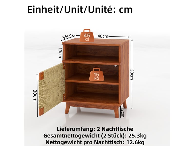 Lot de 2 tables de chevet boho 48x35x58 cm avec porte, marron - Conforama C