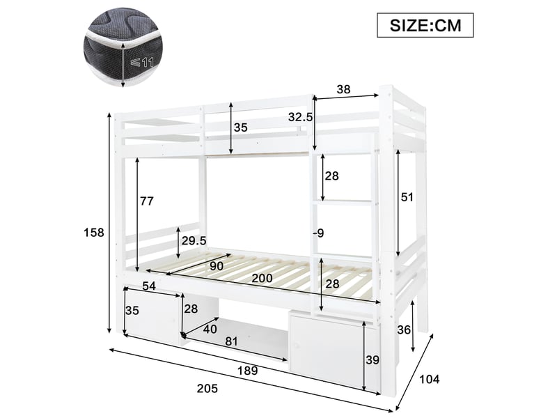  Lit superposé enfant 90x200 cm avec rangements, coloris blanc  - Conforama C