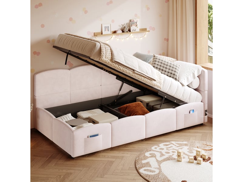  Lit coffre rembourré 90x200cm coloris rose velours lit enfant rose - Conforama E