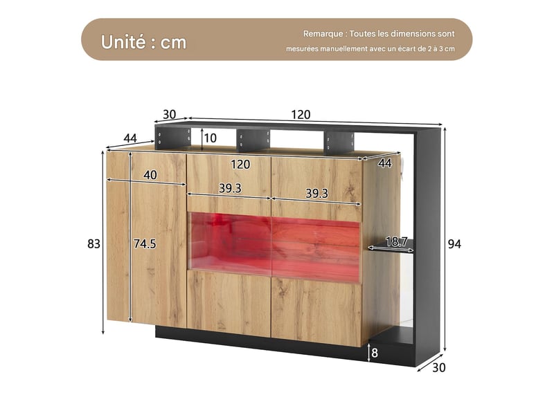  Buffet avec led et portes en mdf coloris bois 140x44x93,5 cm - pangivo  - Conforama C