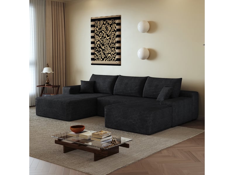  Canapé d'angle, canapé modulable, noir, assise profonde, livré monté, design moderne, 270 cm, pour salon, appartement, chambre  - Conforama E