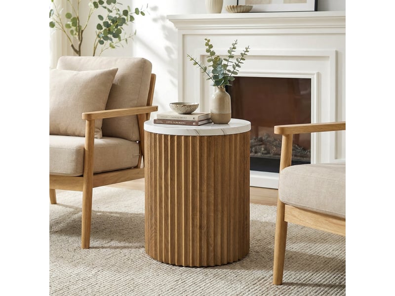  Table d'appoint ronde avec plateau en marbre et piètement cannelé, ø 45 cm, pour salon  - Conforama E