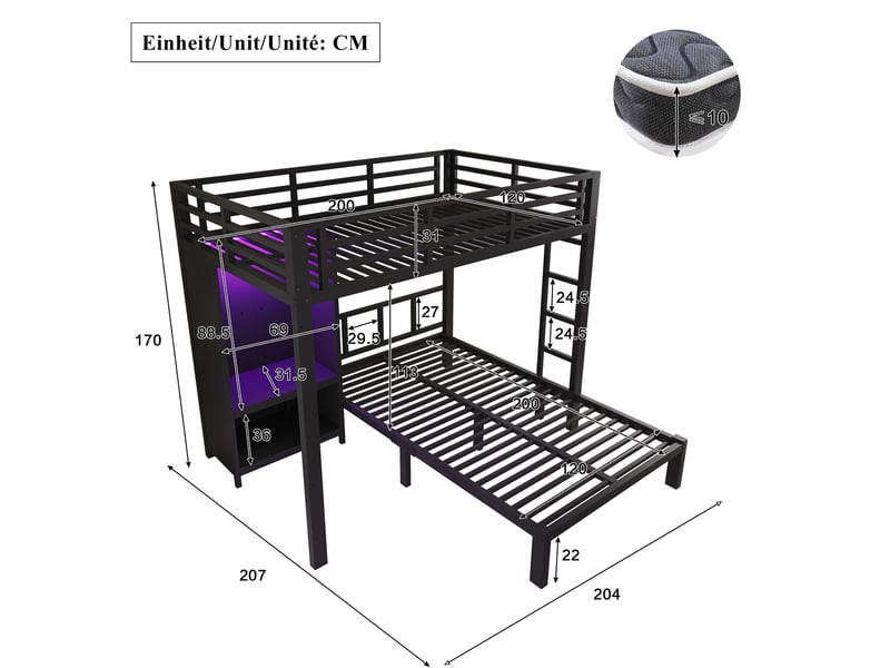Lit superposé 120x200 cm en métal noir avec armoire et éclairage led - Conforama C