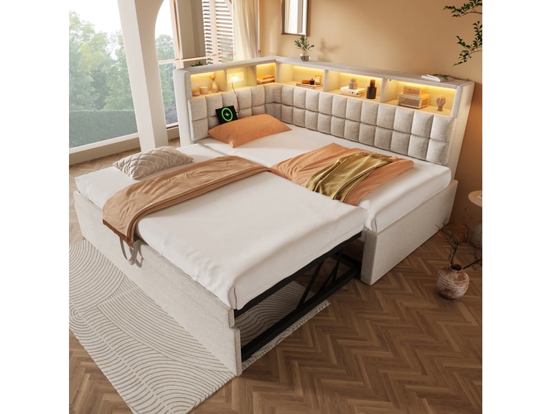  Modenvie lit gigogne 90x200 cm - avec led, ports usb-a et usb-c, haut-parleur bluetooth - sans matelas - beige  - Conforama E