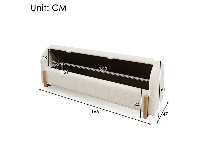  Banc coffre tcqpz blanc 166 x 47 x 61 cm en tissu bouclette chenille avec ouverture hydraulique  - Conforama C