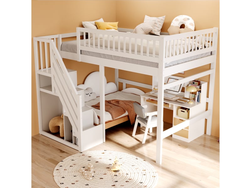  Lit mezzanine 140x200 en bois massif avec escalier de rangement, lit enfant blanc avec barrière de sécurité haute, gain de place  - Conforama B