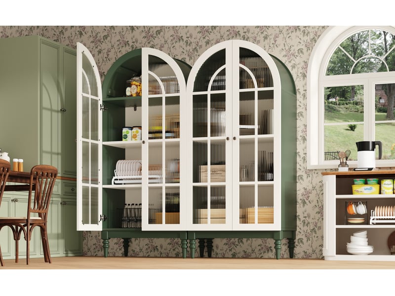  Lot de 2 vitrines de cuisine cintrées 165 cm, portes verre cannelé, tablettes réglables, style vintage, 76x38,5x165 cm chacune, vert foncé  - Conforama D