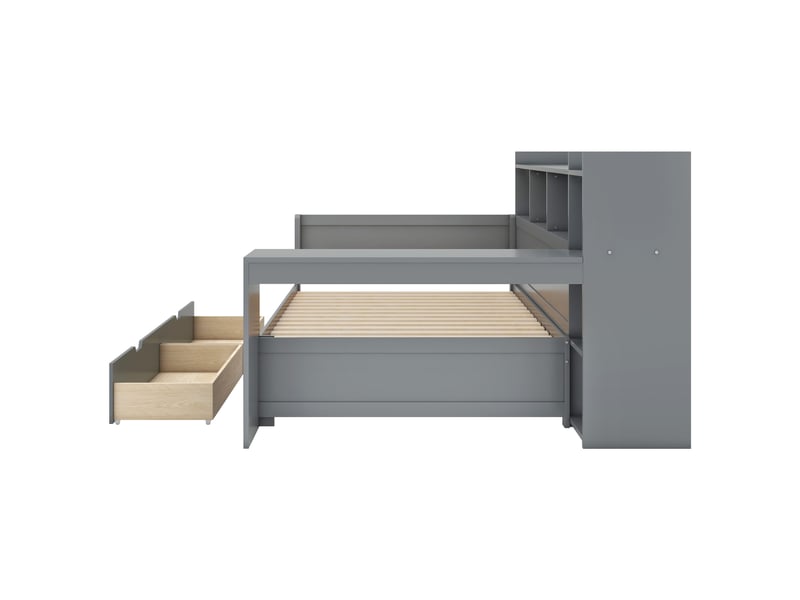 Lit banquette gris 90x200 cm, bureau, 2 tiroirs, rangements, prise et usb - Conforama E