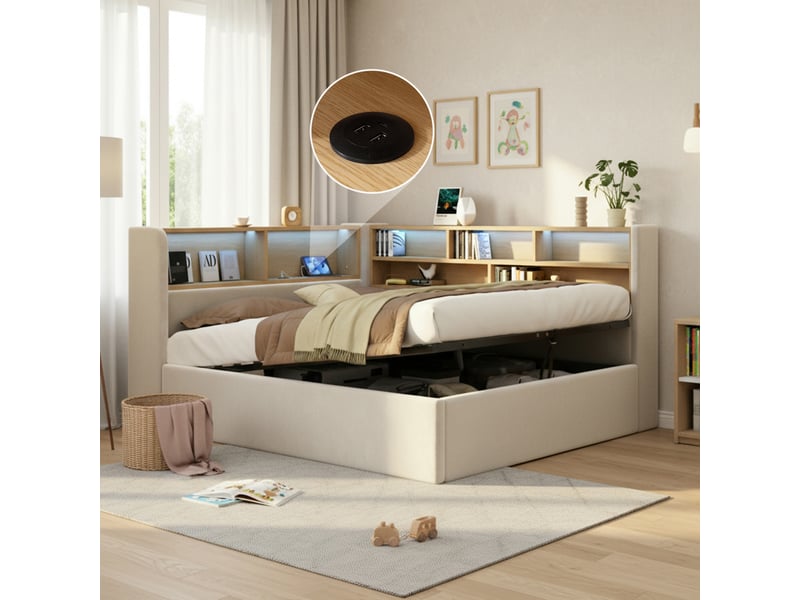  Lit banquette avec coffre 140x190 cm, rangement hydraulique, led, usb et usb-c, tête de lit avec étagères, sommier à lattes, velours, beige  - Conforama D
