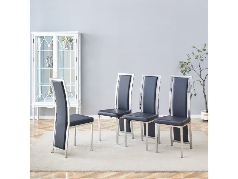  Chaises salle à manger lot de 4 à dossier haut  - rembourrées, métal et simili cuir noir argent, 109 cm  - Conforama C