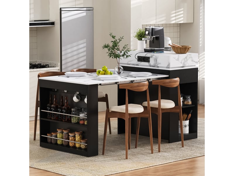  Îlot de cuisine mobile 83 cm avec table extensible, prises intégrées et verre cannelé, noir Jamama eleni - Conforama E