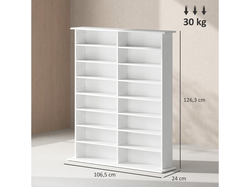  Rangements pour cd et dvd avec 16 compartiments et 12 étagères réglables, capacité max. 720 cd396 dvd et blu-ray, blanc  - Conforama D