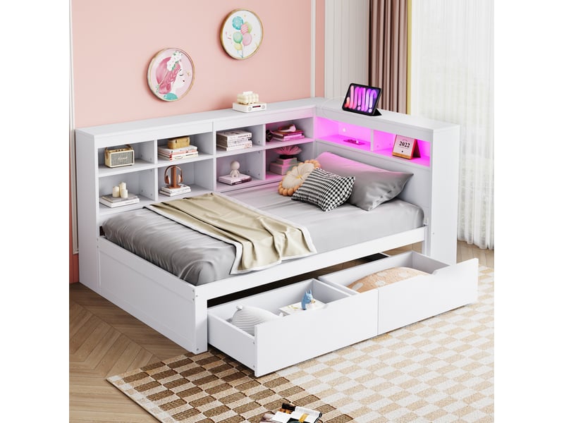  Modenvie lit banquette 90x200 cm - avec rangement intégré, led et ports usb, sans matelas - blanc  - Conforama B