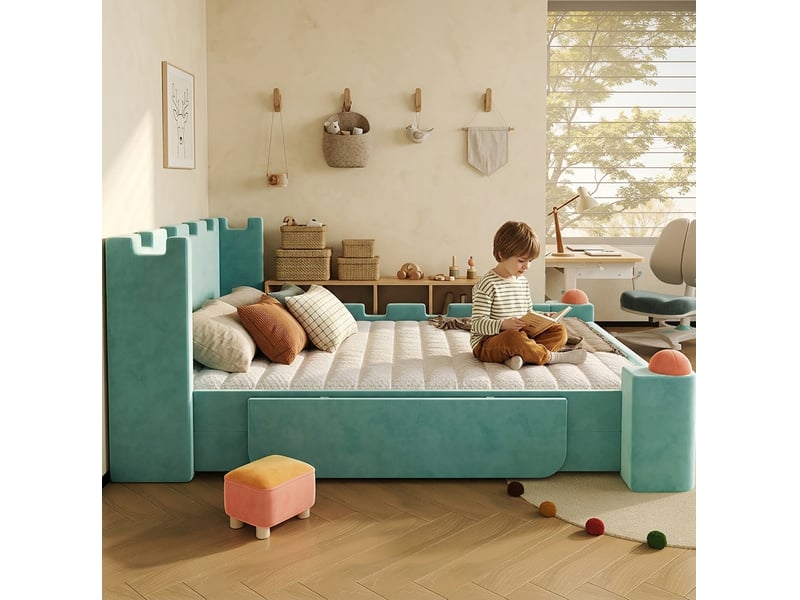  Lit enfant 140x200 cm, tablette latérale rabattable, tiroir rangement, bureau, chambre, bois, bleu-vert, sans matelas  - Conforama B