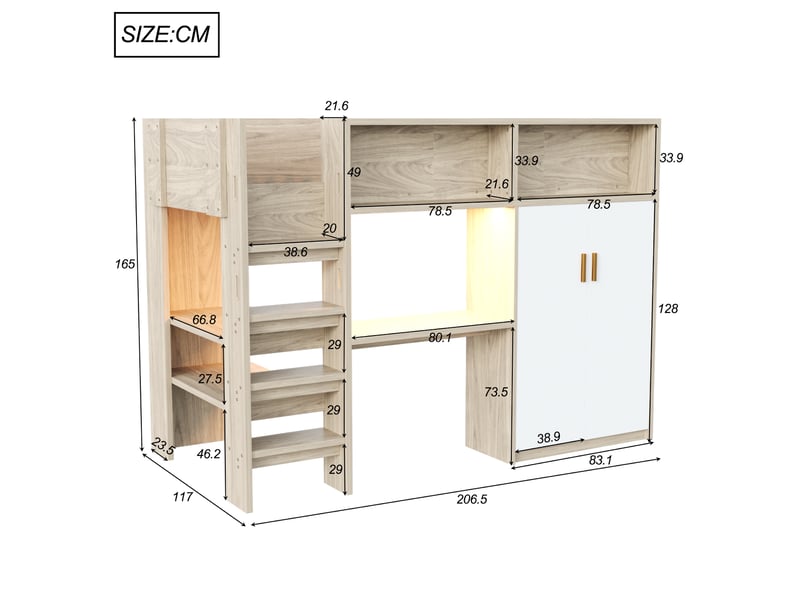  Lit mezzanine 90 × 200 cm en bois avec bureau, armoire, étagères, rangements et led, finition bois  - Conforama B