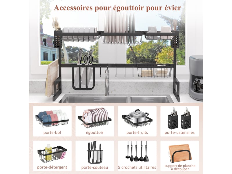  Égouttoir à vaiselle 2 niveaux porte-couteau support pour planche à découper 93 x 30 x 52,5 cm noir acier  - Conforama E