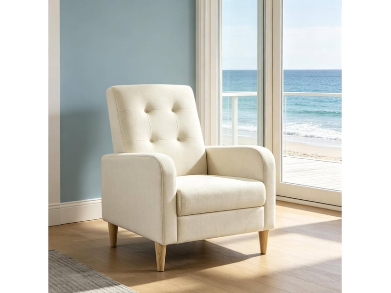 Fauteuil de lecture en lin avec dossier haut, assise rembourrée et structure en bois beige - Conforama B