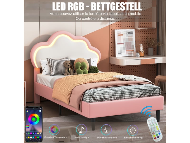  Feeohome lit enfant fille 90 x 200 cm, lit simple rembourré pour enfant avec lumière led réglable, lit princesse avec tête de lit nuage, avec tête de lit led réglable en hauteur, pu (rose)  - Conforama D
