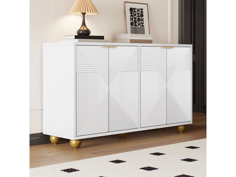  Buffet 4 portes - étagères réglables, poignées métal, pieds boule - rangement pratique - blanc  - Conforama B