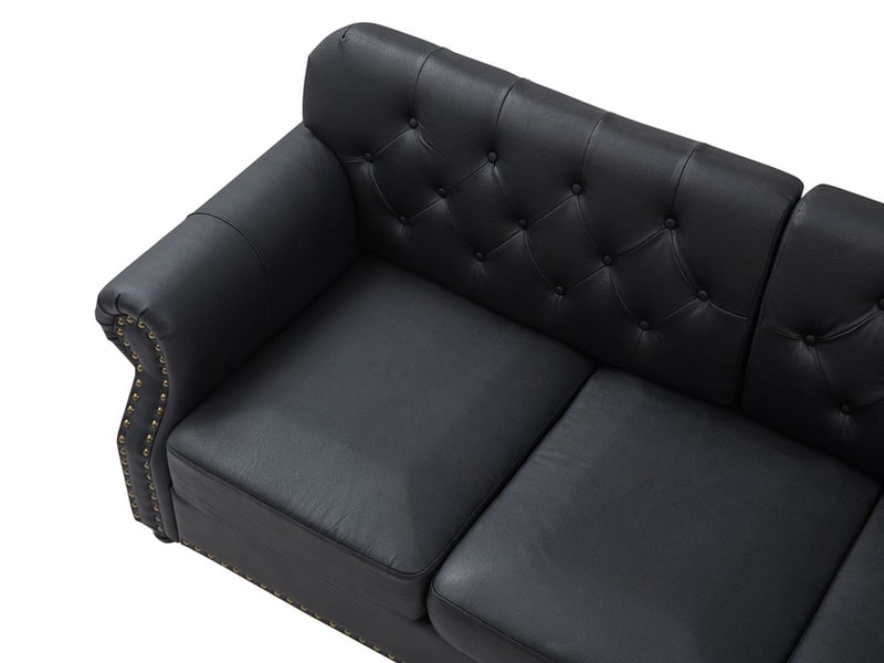  Canapé droit noir 5 places en simili, assise confortable avec ressorts et design classique chesterfield  - Conforama E
