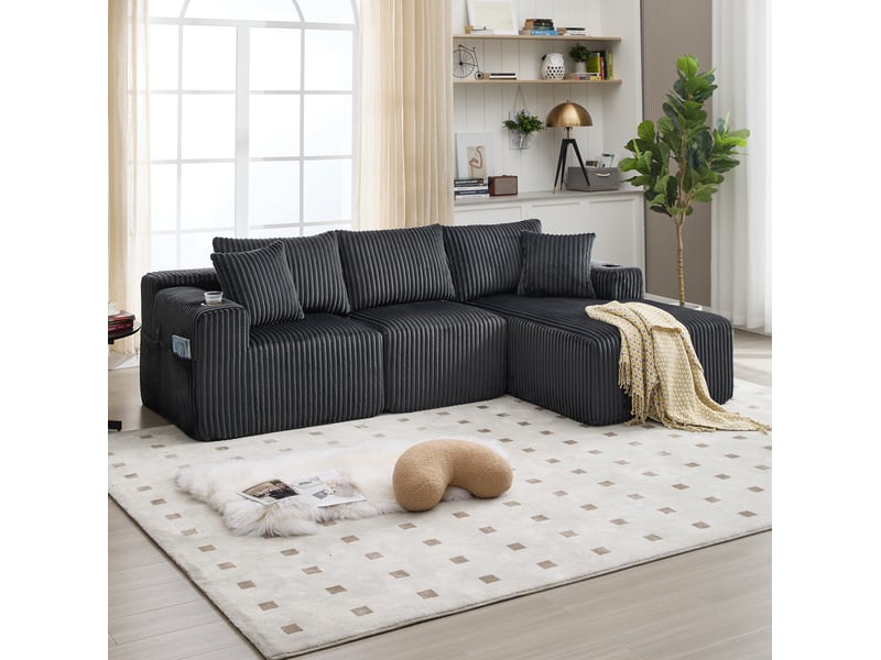  Canapé 3 places ulevr modulable avec méridienne et poches de rangement, 257 x 160 cm, velours côtelé gris  - Conforama D