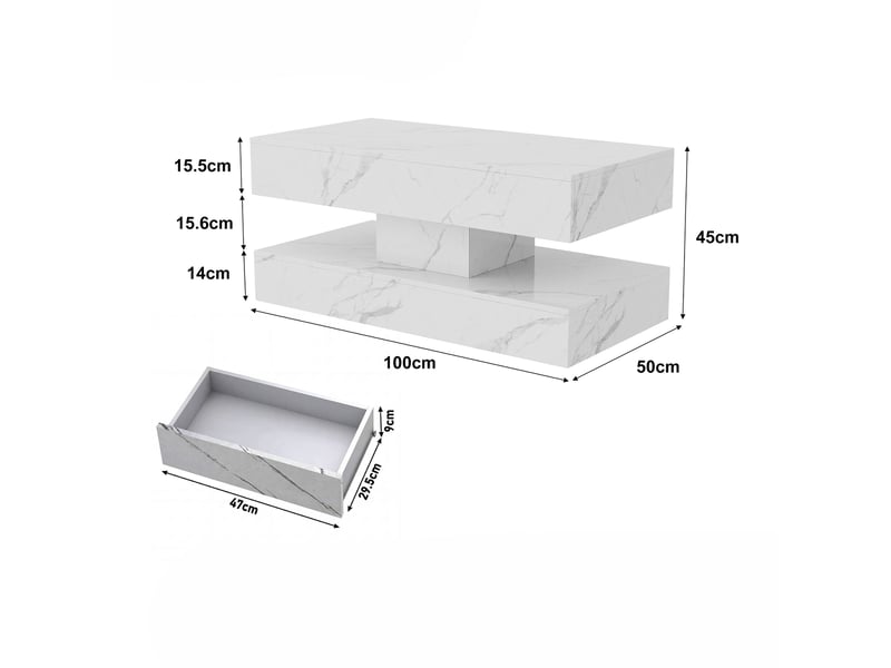  Table basse, 100x50x45 cm, table de salon avec éclairage led intelligent, plateau effet marbre résistant avec 4 zones de rangement et tiroirs, blanc  - Conforama E