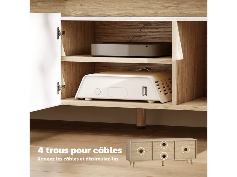  Meuble tv 120 cm, meuble télé pour téléviseur jusqu'à 55 pouces avec 3 portes, étagère réglable, chêne et blanc  - Conforama R