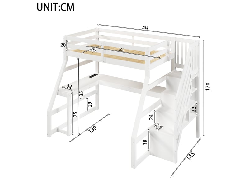  Lit mezzanine enfant 90 x 200 cm blanc avec bureau, led, usb et escalier de rangement  - Conforama E