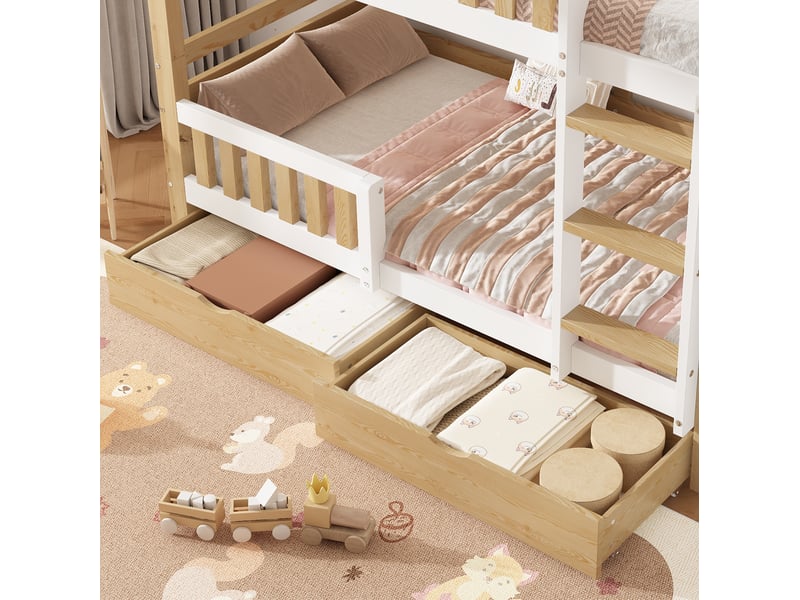  Lit superposé enfant en bois 90 x 200 cm séparable, 2 tiroirs, blanc et naturel  - Conforama B