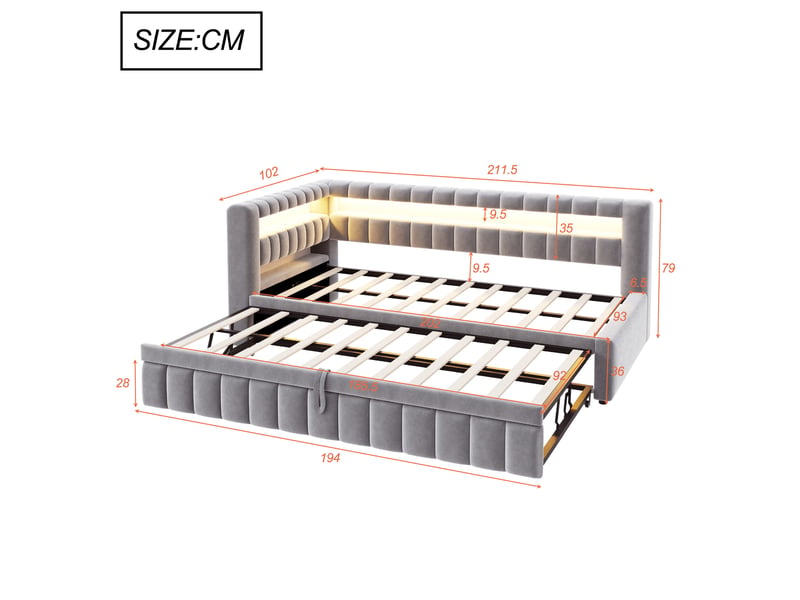 Lit banquette convertible 90x200 cm avec lit gigogne, led, usb et type-c, tête de lit avec rangement, velours gris clair - Conforama B