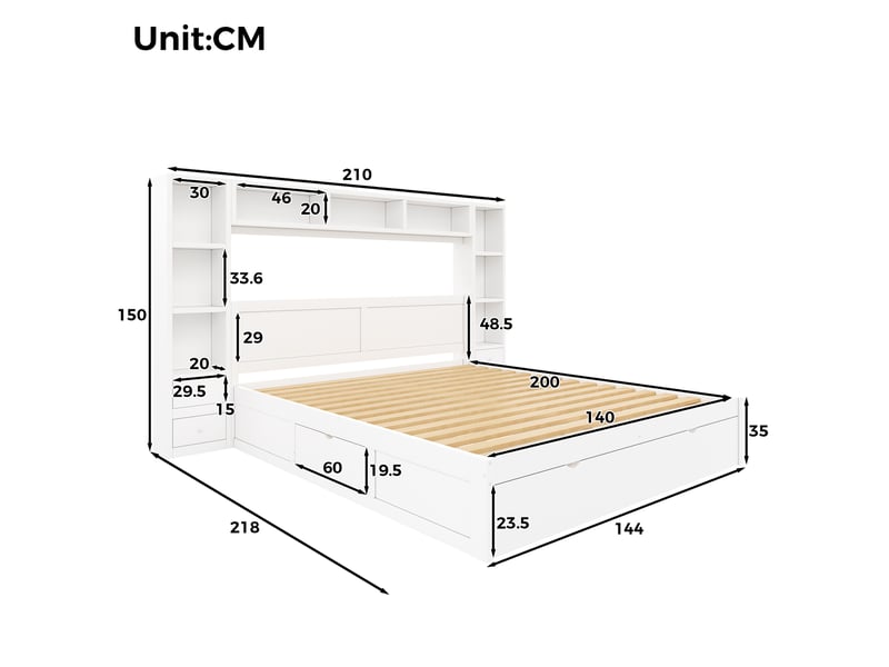  Lit plateforme 140 x 200 cm avec tête et pied de lit, 7 tiroirs, multiples rangements et éclairage led, blanc evarich - Conforama C