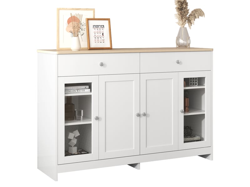  Buffet blanc effet bois- 4 portes, 2 tiroirs, portes vitrées - rangement pour salonsalle à manger  - Conforama A