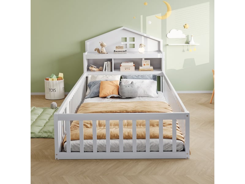  Lit enfant 90 x 200 cm, cadre de lit en bois massif, avec barrières de sécurité et porte, lit enfant avec espace de rangement  - Conforama B