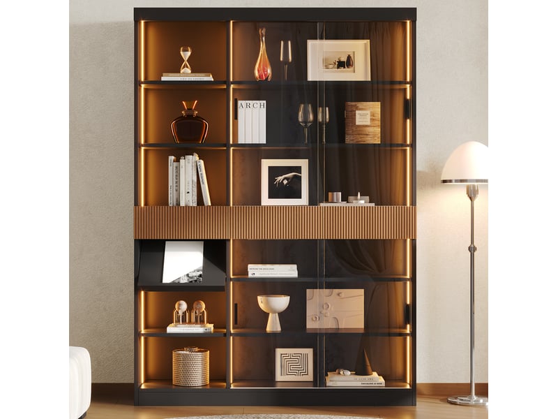  Vitrine 120x28,5x180 cm avec 3 tiroris et éclairage led en mdf couleur noir marron verre gris, design moderne  - Conforama B