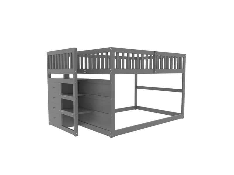  Lit superposé enfant 140x200 cm – gris – escalier à 4 tiroirs, barrière haute de sécurité, sans matelas  - Conforama E