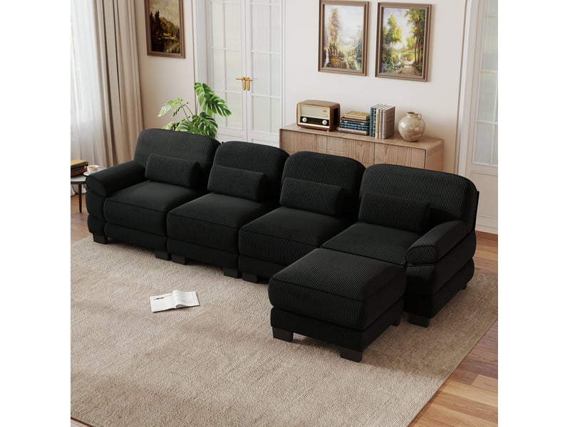 Canapé modulaire en l 4 places 336x161x94 cm, design ergonomique, assise profonde, avec pouf, en velours côtelé, noir - Conforama E