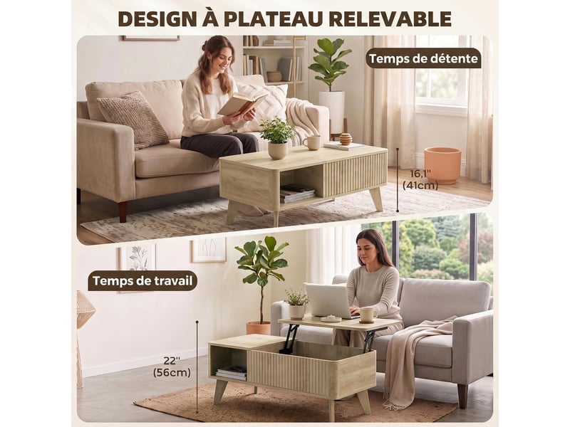  Table basse relevable, compartiment caché, 2 étagères ouvertes, coins arrondis, style mid-century, 100x48x41cm, chêne  - Conforama D