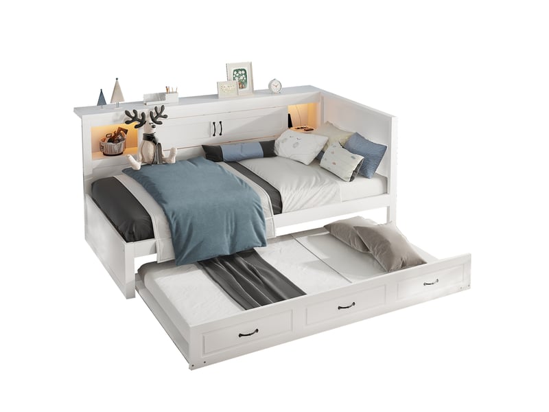  Lit banquette 90x200 avec lit gigogne et led, lit de jour blanc avec prises usb et rangement  - Conforama A