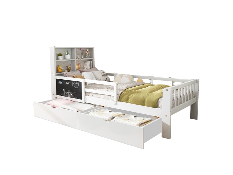  Lit enfant 90x200 avec tiroirs de rangement et tableau noir - bois massif blanc  - Conforama R