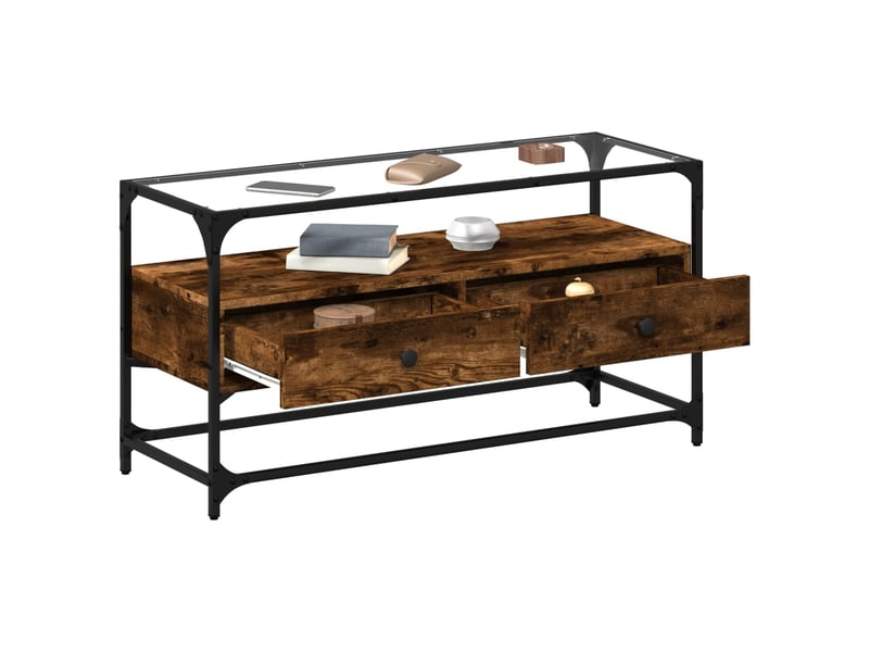  Meuble tv - banc tv - meuble de rangement avec dessus en verre chêne fumé bois d'ingénierie  - Conforama C