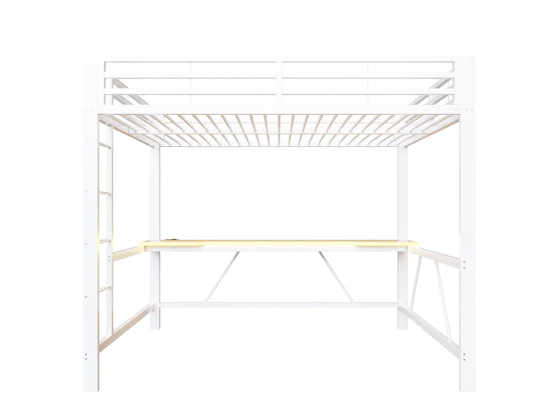  Lit mezzanine gaming 160x200 cm blanc, avec bureau, led, usb, rangements, structure métal, sommier inclus, sans matelas  - Conforama E