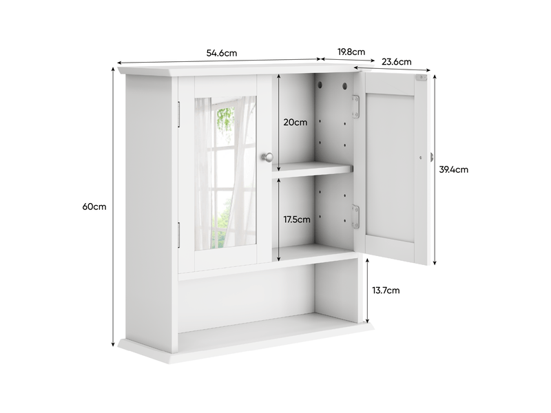  Armoire de salle de bain murale avec miroir, étagères réglables et niche ouverte, en mdf blanc, 54,6 × 19,8 × 60 cm  - Conforama E