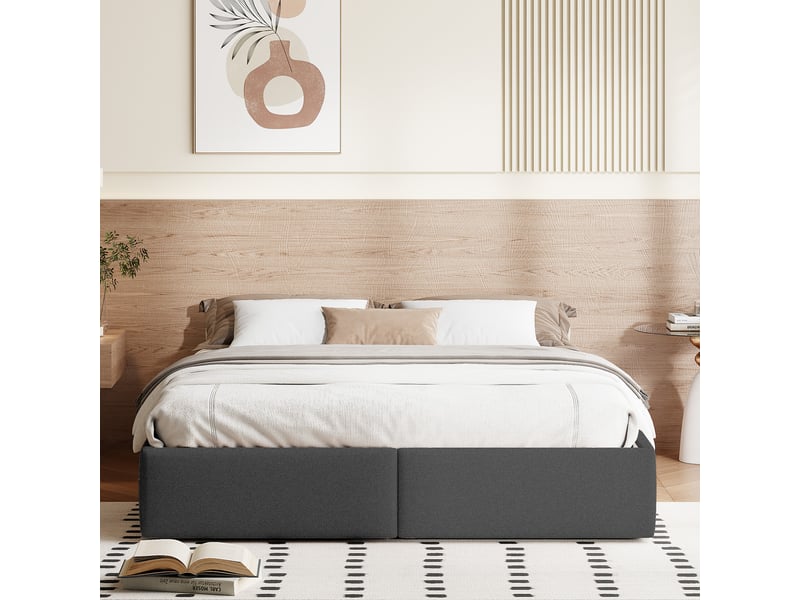 Lit 160 x 200 cm rembourré avec coffre de rangement et 2 tiroirs, lit double hydraulique sans tête de lit, revêtement en lin, gris, sans matelas - Conforama R