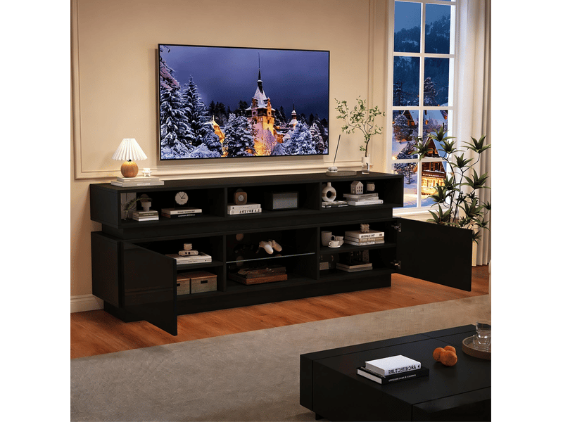 Meuble tv bas modenvie avec led 160 x 35 x 60 cm mdf et verre noir - Conforama E