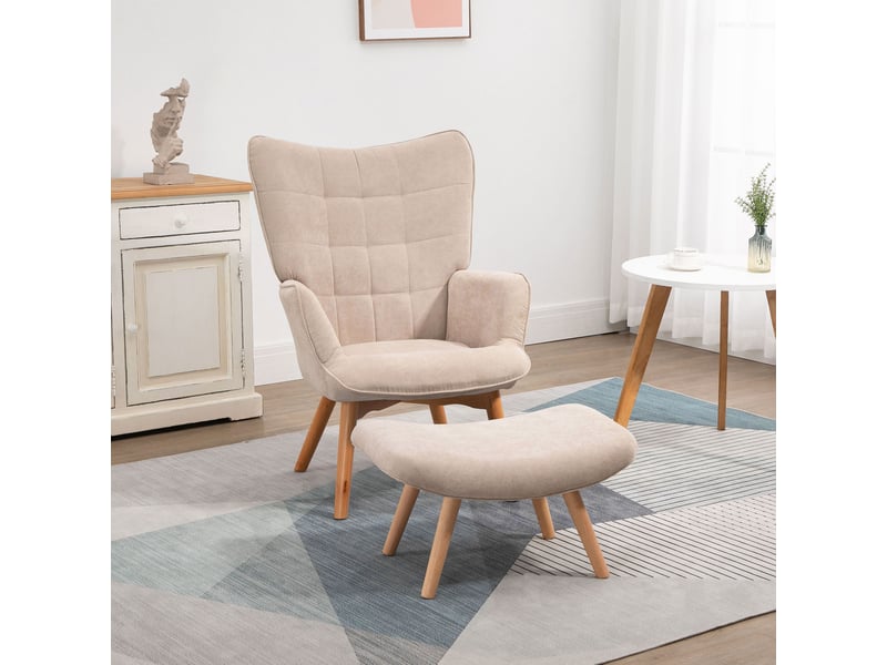  Fauteuil avec pouf repose-pieds capitonné, dossier haut et patins réglables, en velours côtelé beige  - Conforama B