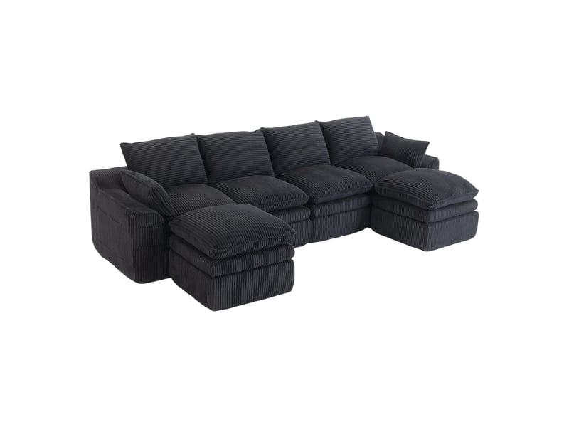 Canapé modulable 4 places en velours côtelé avec 2 poufs, canapé d’angle combinable, coussins, 2 poches latérales, mousse 3 couches, ressorts, noir Seren Glow - Conforama A